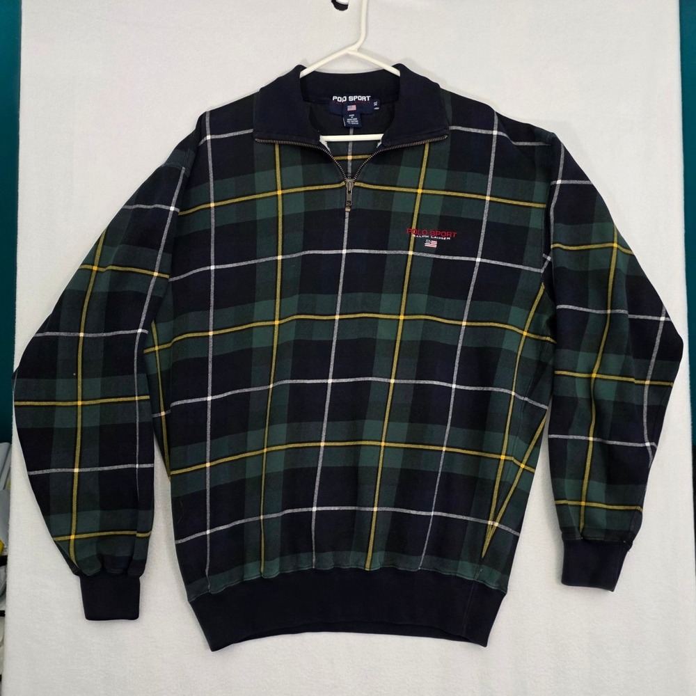 Polo Sport Ralph Lauren 1/4 Zip Sweatshirt XL Green Plaid Cotton Vintage 90s Y2K